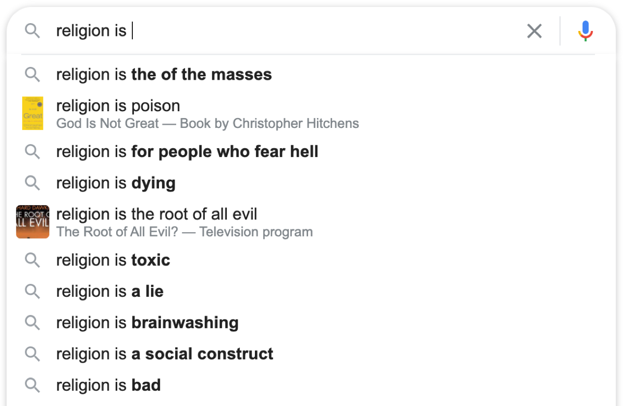 Negative religious typeahead suggestions from Google search result.
